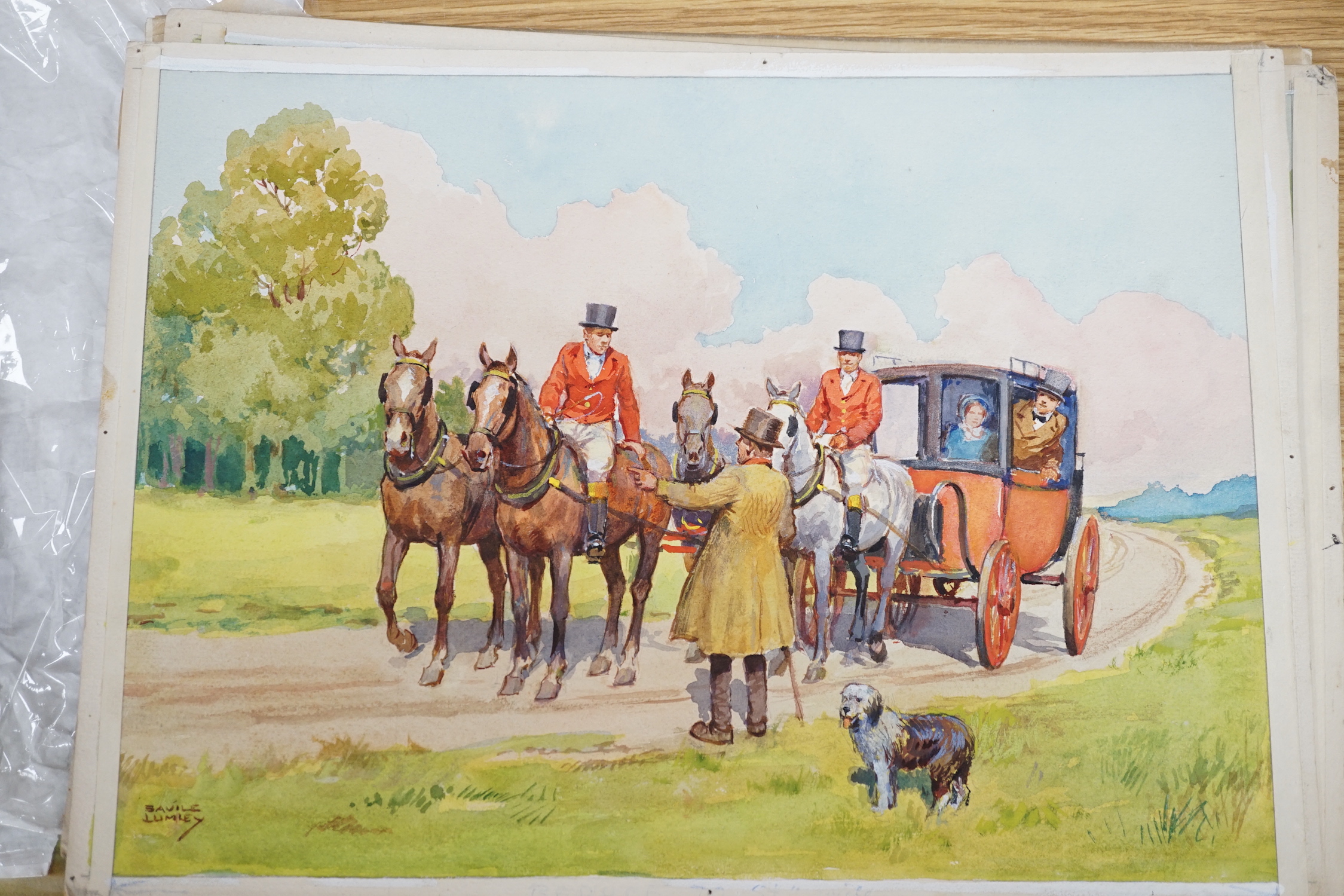 Savile Lumley (1876–1960), four watercolour greeting card designs, Three coaching scenes and Kentish snow scene, signed, 26 x 35cm, unframed